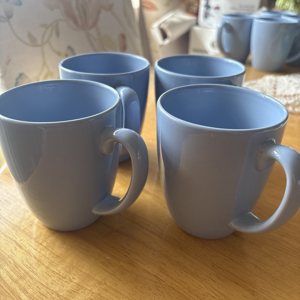 4 Corelle Corning Stoneware Light Blue Periwinkle 12oz Mugs Cups Coffee Set VTG
